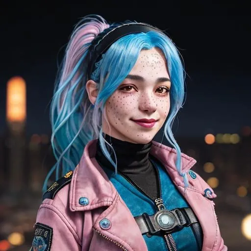 Prompt: Portrait of woman with blue wavy hair and with cute face, dark fantasy city background, perfect composition, hyperrealistic, super detailed, 8k, high quality, sharp focus, studio photo, highly detailed, eyes brown, freckles, smile, pink jacket, aviator goggles headband, ponytail, blue hair