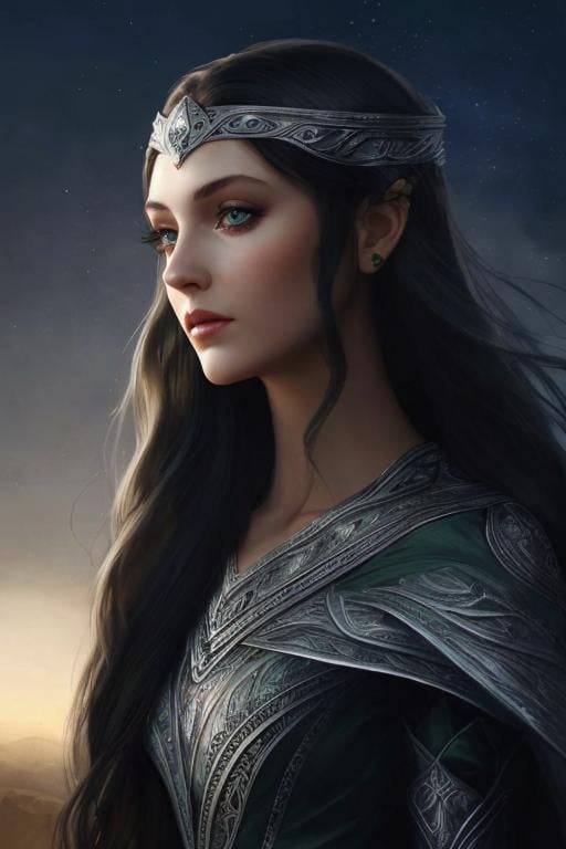 Prompt: dark hair green eyes noble woman silver gown 