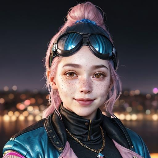 Prompt: Portrait of woman with blue wavy hair and with cute face, dark fantasy city background, perfect composition, hyperrealistic, super detailed, 8k, high quality, trending art, trending on artstation, sharp focus, studio photo, highly detailed, eyes brown, freckles, smile, pink jacket, aviator goggles on head, ponytail