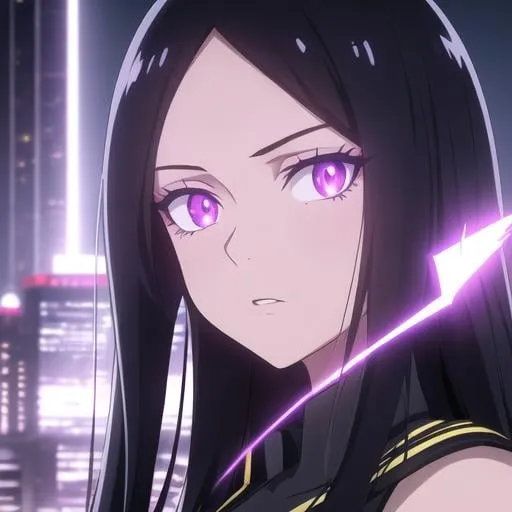 Prompt: Portrait of a teenage girl with long black hair and with cute face, cityscape, perfect composition, hyperrealistic, super detailed, 8k, high quality, trending art, sharp focus, intricate details, highly detailed, violet eyes, glowing purple powers, superhero, My Hero Academia