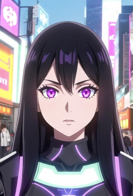 Prompt: Portrait of a teenage girl with long black hair and with cute face, modern city, perfect composition, hyperrealistic, super detailed, 8k, high quality, trending art, sharp focus, intricate details, highly detailed, violet eyes, glowing purple powers, super soldier