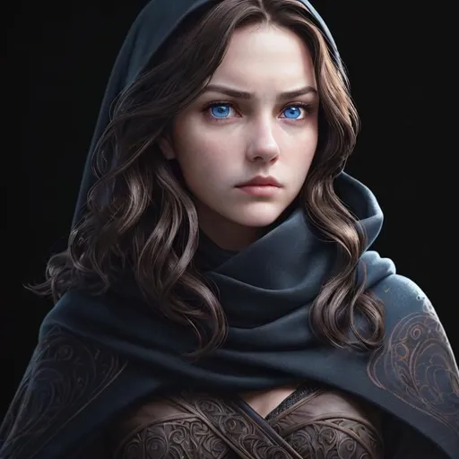 Prompt: Portrait of girl with short wavy brown hair and with elegant face, dark background, perfect composition, hyperrealistic, super detailed, 8k, high quality, trending art, sharp focus, intricate details, highly detailed, blue eyes, wearing a black hood, scarves, glaring angrily