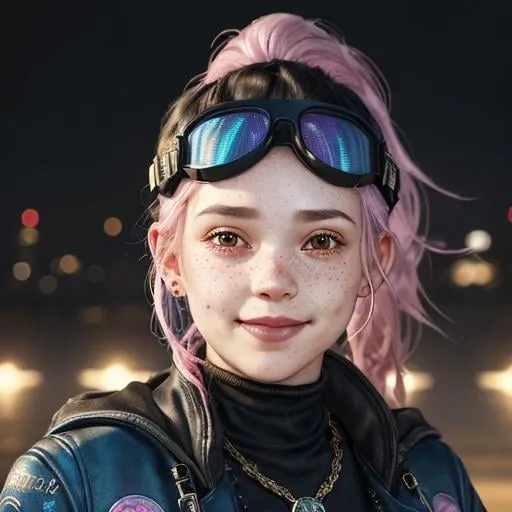 Prompt: Portrait of woman with blue wavy hair and with cute face, dark fantasy city background, perfect composition, hyperrealistic, super detailed, 8k, high quality, trending art, trending on artstation, sharp focus, studio photo, highly detailed, eyes brown, freckles, smile, pink jacket, aviator goggles on head, ponytail