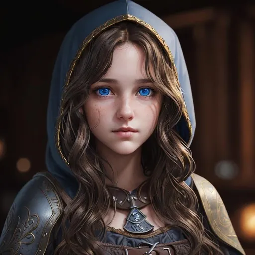 Prompt: Portrait of a girl with wavy brown hair and with cute face, dark tavern background, perfect composition, hyperrealistic, super detailed, 8k, high quality, trending art, sharp focus, intricate details, highly detailed, blue eyes, wearing a plain black hood, rogue