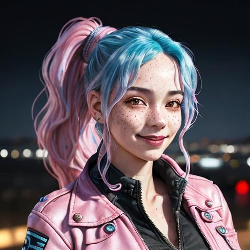 Prompt: Portrait of woman with blue wavy hair and with cute face, dark fantasy city background, perfect composition, hyperrealistic, super detailed, 8k, high quality, sharp focus, studio photo, highly detailed, eyes brown, freckles, smile, pink jacket, aviator goggles on head, ponytail