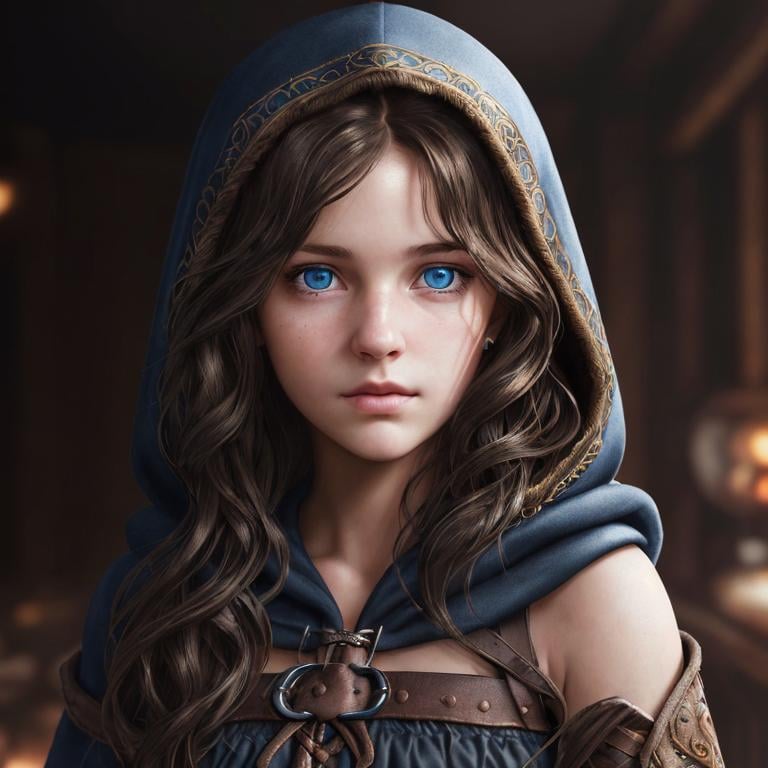 Prompt: Portrait of a girl with wavy brown hair and with cute face, dark tavern background, perfect composition, hyperrealistic, super detailed, 8k, high quality, trending art, sharp focus, intricate details, highly detailed, blue eyes, wearing a plain black hood, rogue