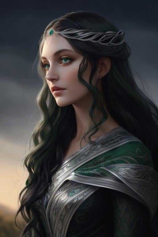 Prompt: dark wavy hair green eyes noble woman silver gown 