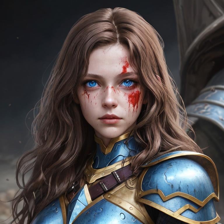 Prompt: Portrait of fantasy woman, medium wavy brown hair, blue eyes, armor, bloodied, dying