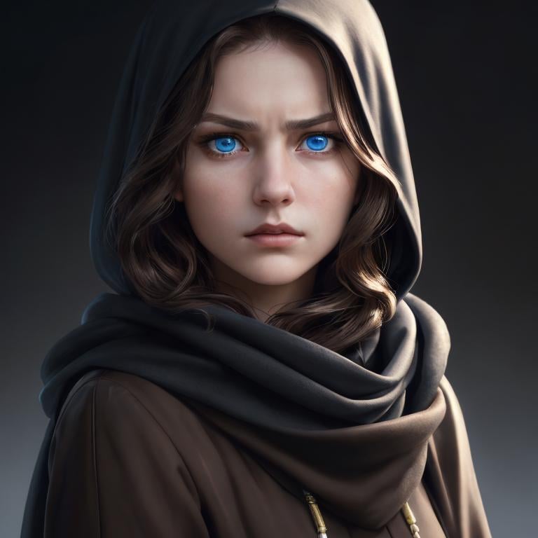 Prompt: Portrait of girl with short wavy brown hair and with elegant face, dark background, perfect composition, hyperrealistic, super detailed, 8k, high quality, trending art, sharp focus, intricate details, highly detailed, blue eyes, wearing a black hood, scarves, glaring angrily