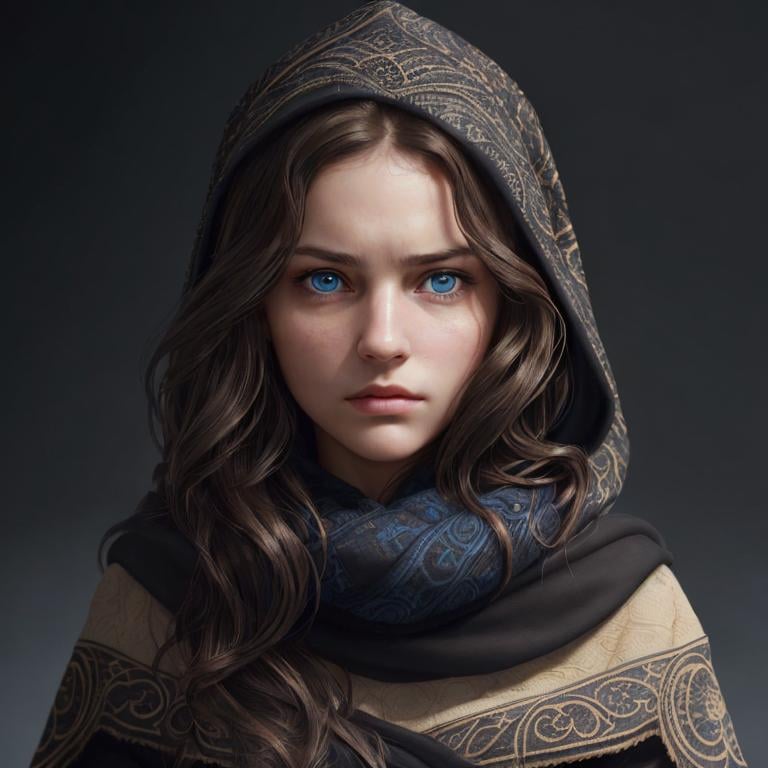 Prompt: Portrait of girl with wavy brown hair and with elegant face, dark background, perfect composition, hyperrealistic, super detailed, 8k, high quality, trending art, sharp focus, intricate details, highly detailed, blue eyes, wearing a black hood, scarves, glaring angrily