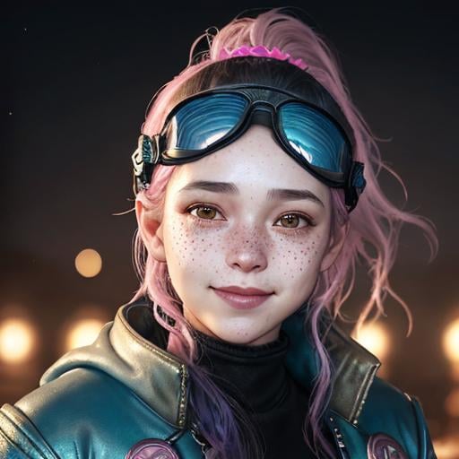 Prompt: Portrait of woman with blue wavy hair and with cute face, dark fantasy city background, perfect composition, hyperrealistic, super detailed, 8k, high quality, trending art, trending on artstation, sharp focus, studio photo, highly detailed, eyes brown, freckles, smile, pink coat, aviator goggles headband, ponytail