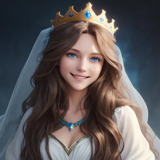 Prompt: fantasy long flowy wavy brown hair blue eyes royal crown veil smiling