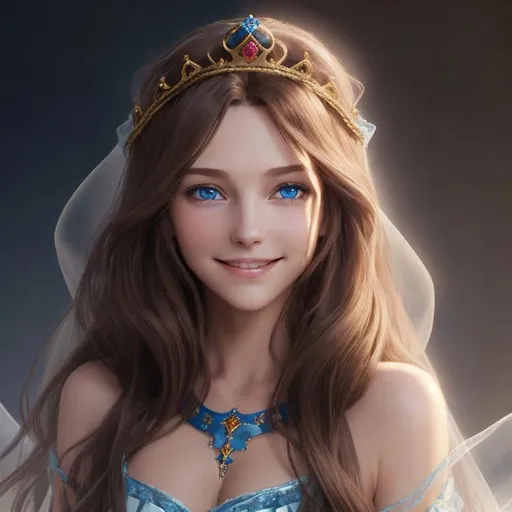 Prompt: fantasy long flowy wavy brown hair blue eyes royal crown veil smiling