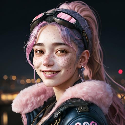 Prompt: Portrait of woman with blue wavy hair and with cute face, dark fantasy city background, perfect composition, hyperrealistic, super detailed, 8k, high quality, trending art, sharp focus, studio photo, eyes brown, jacket pink,  freckles, smile, aviator goggles headband, ponytail, 