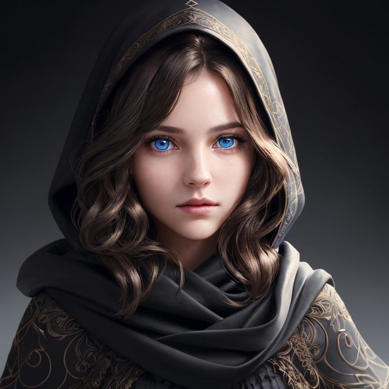 Prompt: Portrait of girl with semi-short wavy brown hair and with elegant face, dark background, perfect composition, hyperrealistic, super detailed, 8k, high quality, trending art, sharp focus, intricate details, highly detailed, blue eyes, wearing a black hood, scarves, 