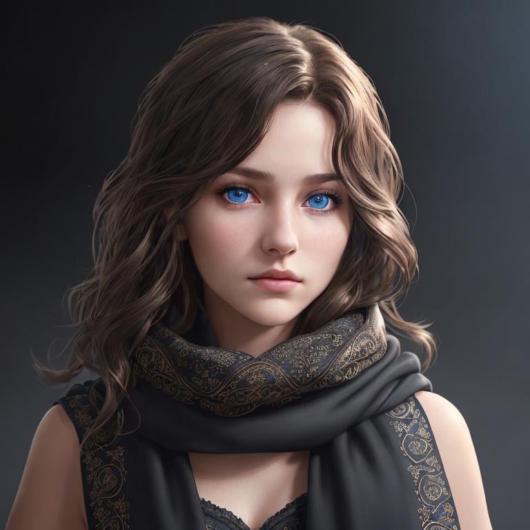 Prompt: Portrait of girl with semi-short wavy brown hair and with elegant face, dark background, perfect composition, hyperrealistic, super detailed, 8k, high quality, trending art, sharp focus, intricate details, highly detailed, blue eyes, wearing a black hood, scarves, 