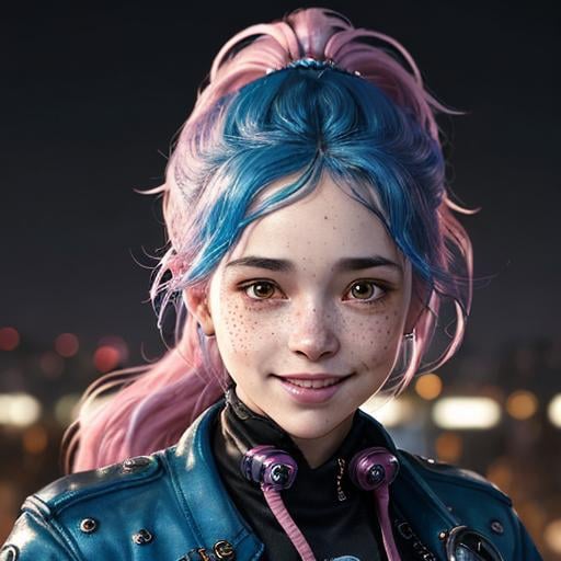 Prompt: Portrait of woman with blue wavy hair and with cute face, dark fantasy city background, perfect composition, hyperrealistic, super detailed, 8k, high quality, trending art, trending on artstation, sharp focus, studio photo, highly detailed, eyes brown, freckles, smile, pink jacket, aviator goggles on head, ponytail