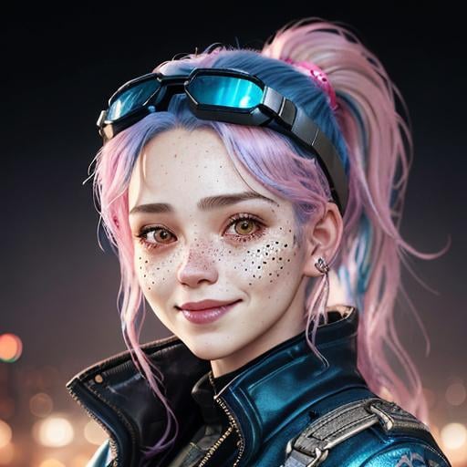 Prompt: Portrait of woman with blue wavy hair and with cute face, dark fantasy city background, perfect composition, hyperrealistic, super detailed, 8k, high quality, trending art, trending on artstation, sharp focus, studio photo, highly detailed, eyes brown, freckles, smile, pink jacket, aviator goggles on head, ponytail