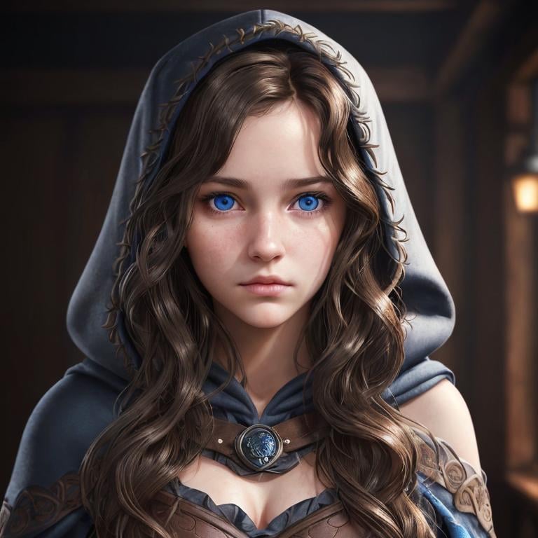 Prompt: Portrait of a girl with wavy brown hair and with cute face, dark tavern background, perfect composition, hyperrealistic, super detailed, 8k, high quality, trending art, sharp focus, intricate details, highly detailed, blue eyes, wearing a plain black hood, rogue