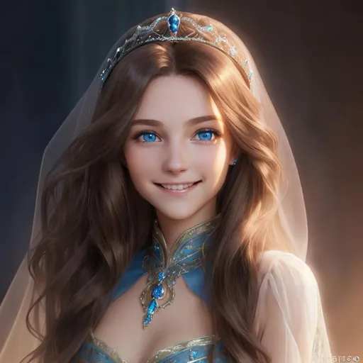 Prompt: fantasy long flowy wavy brown hair blue eyes royal tiara veil smiling