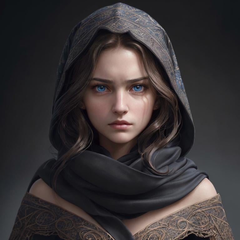 Prompt: Portrait of girl with long wavy brown hair and with elegant face, dark background, perfect composition, hyperrealistic, super detailed, 8k, high quality, trending art, sharp focus, intricate details, highly detailed, blue eyes, wearing a black hood, scarves, glaring angrily