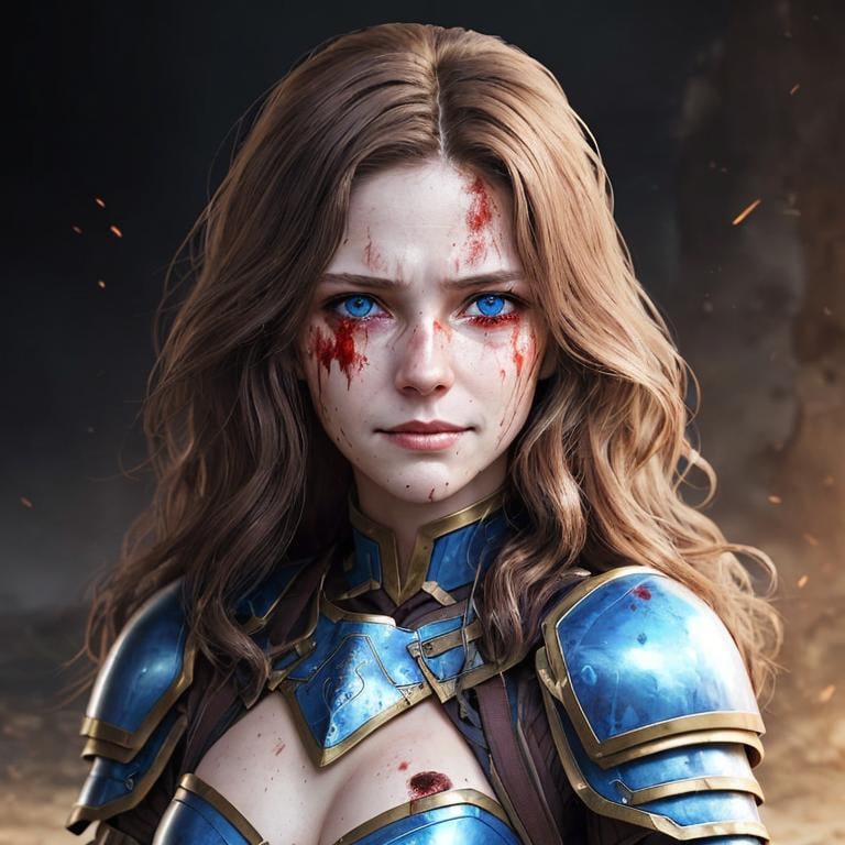 Prompt: Portrait of fantasy woman, medium wavy brown hair, blue eyes, armor, bloodied, rage, wounded, teary smile