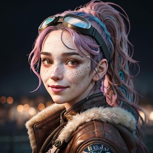 Prompt: Portrait of woman with blue wavy hair and with cute face, dark fantasy city background, perfect composition, hyperrealistic, super detailed, 8k, high quality, trending art, trending on artstation, sharp focus, studio photo, highly detailed, eyes brown, freckles, smile, pink coat, aviator goggles headband, ponytail