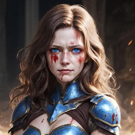 Prompt: Portrait of fantasy woman, medium wavy brown hair, blue eyes, armor, bloodied, rage, wounded, strained smile