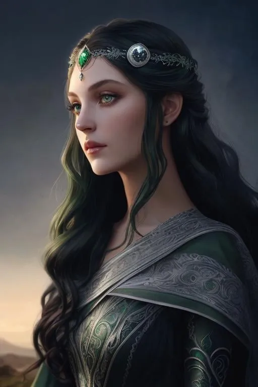 Prompt: dark wavy hair green eyes noble woman silver gown 