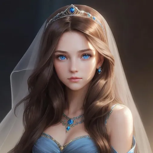Prompt: fantasy long flowy wavy brown hair blue eyes royal tiara veil