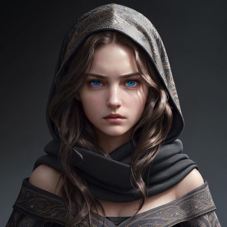 Prompt: Portrait of girl with long wavy brown hair and with elegant face, dark background, perfect composition, hyperrealistic, super detailed, 8k, high quality, trending art, sharp focus, intricate details, highly detailed, blue eyes, wearing a black hood, scarves, glaring angrily