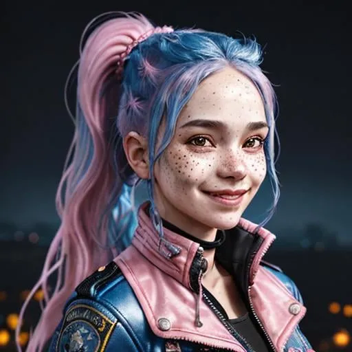 Prompt: Portrait of woman with blue wavy hair and with cute face, dark fantasy city background, perfect composition, hyperrealistic, super detailed, 8k, high quality, sharp focus, studio photo, highly detailed, eyes brown, freckles, smile, pink jacket, aviator goggles on head, ponytail