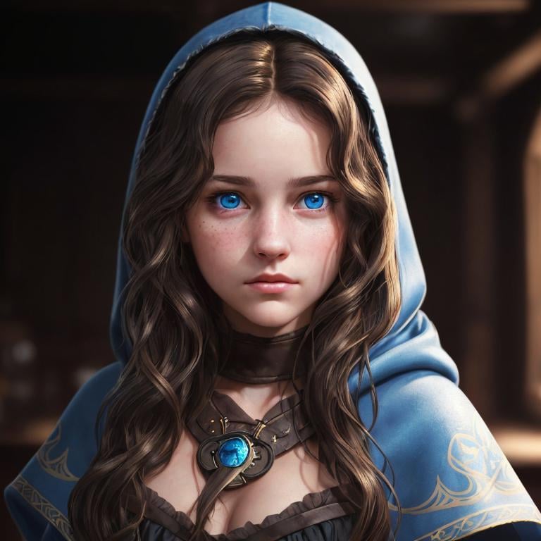 Prompt: Portrait of a girl with wavy brown hair and with cute face, dark tavern background, perfect composition, hyperrealistic, super detailed, 8k, high quality, trending art, sharp focus, intricate details, highly detailed, blue eyes, wearing a plain black hood, rogue