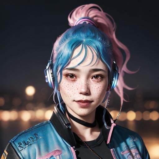 Prompt: Portrait of woman with blue wavy hair and with cute face, dark fantasy city background, perfect composition, hyperrealistic, super detailed, 8k, high quality, trending art, trending on artstation, sharp focus, studio photo, highly detailed, eyes brown, freckles, smile, pink jacket, chunky overhead headphones, ponytail