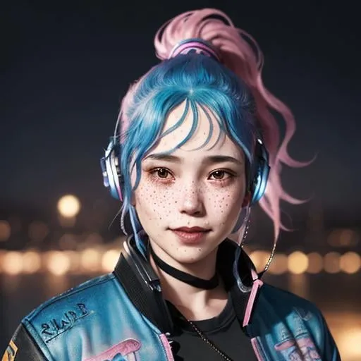 Prompt: Portrait of woman with blue wavy hair and with cute face, dark fantasy city background, perfect composition, hyperrealistic, super detailed, 8k, high quality, trending art, trending on artstation, sharp focus, studio photo, highly detailed, eyes brown, freckles, smile, pink jacket, chunky overhead headphones, ponytail