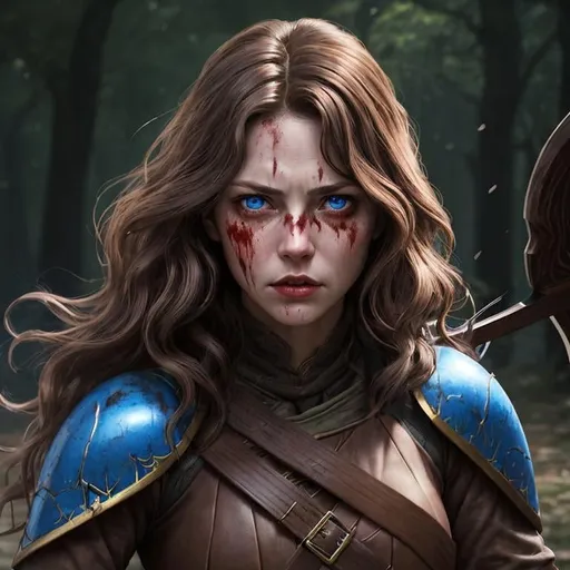 Prompt: Portrait of fantasy woman, medium wavy brown hair, blue eyes, bloodied, fighting with longbow, rage