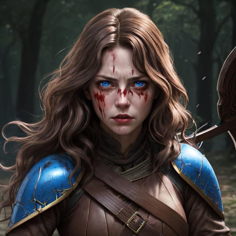 Prompt: Portrait of fantasy woman, medium wavy brown hair, blue eyes, bloodied, fighting with longbow, rage