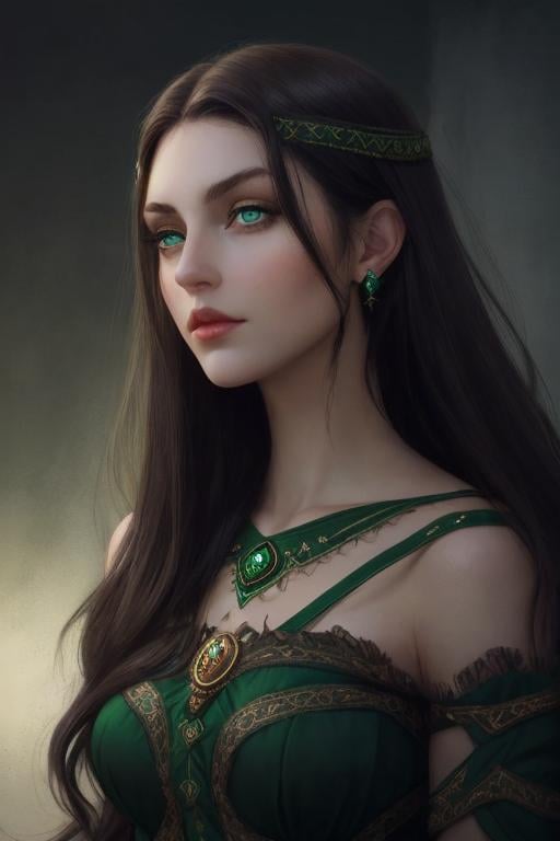 Prompt: dark hair green eyes noble woman gentle