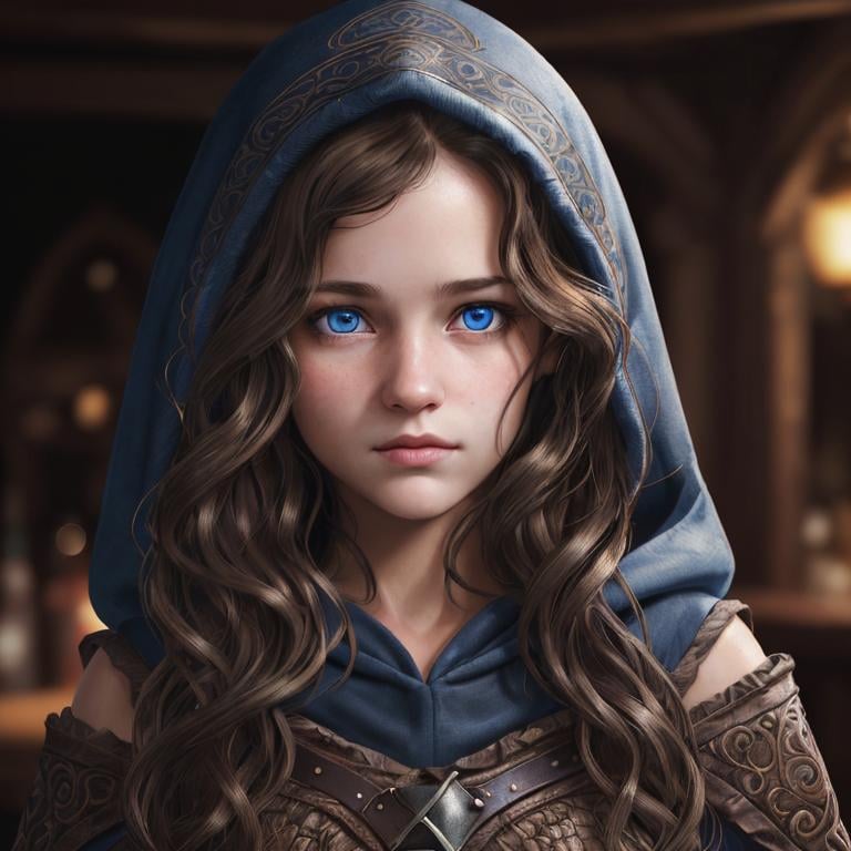 Prompt: Portrait of a girl with wavy brown hair and with cute face, dark tavern background, perfect composition, hyperrealistic, super detailed, 8k, high quality, trending art, sharp focus, intricate details, highly detailed, blue eyes, wearing a plain black hood, rogue