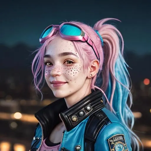 Prompt: Portrait of woman with blue wavy hair and with cute face, dark fantasy city background, perfect composition, hyperrealistic, super detailed, 8k, high quality, sharp focus, studio photo, highly detailed, eyes brown, freckles, smile, pink jacket, aviator goggles on head, ponytail, blue hair