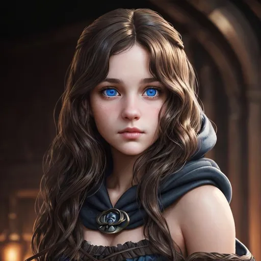 Prompt: Portrait of a girl with wavy brown hair and with cute face, dark tavern background, perfect composition, hyperrealistic, super detailed, 8k, high quality, trending art, sharp focus, intricate details, highly detailed, blue eyes, wearing a plain black hood, rogue