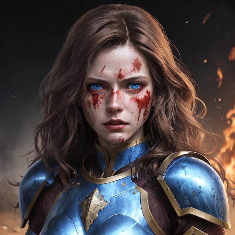 Prompt: Portrait of fantasy woman, medium wavy brown hair, blue eyes, armor, bloodied, rage, wounded