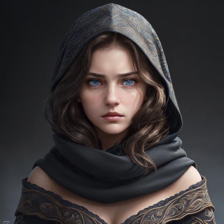 Prompt: Portrait of girl with wavy brown hair and with elegant face, dark background, perfect composition, hyperrealistic, super detailed, 8k, high quality, trending art, sharp focus, intricate details, highly detailed, blue eyes, wearing a black hood, scarves, glaring angrily