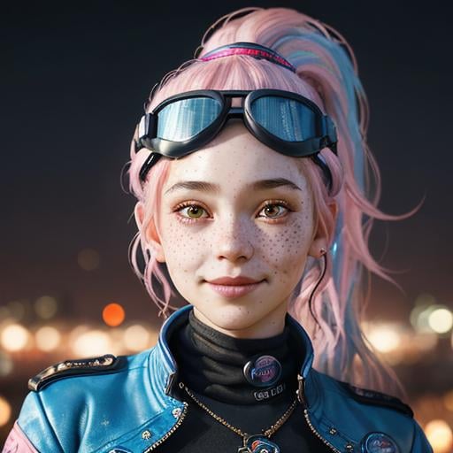 Prompt: Portrait of woman with blue wavy hair and with cute face, dark fantasy city background, perfect composition, hyperrealistic, super detailed, 8k, high quality, trending art, trending on artstation, sharp focus, studio photo, highly detailed, eyes brown, freckles, smile, pink jacket, aviator goggles on head, ponytail