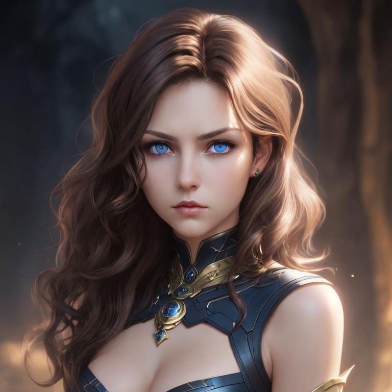 Prompt: fantasy woman short wavy brown hair dark blue eyes glaring