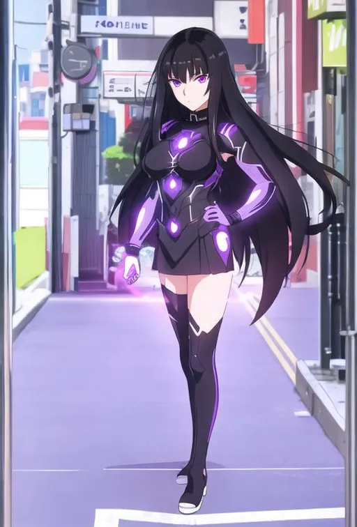 Prompt: Portrait of a teenage girl with long black hair and with cute face, modern city, perfect composition, hyperrealistic, super detailed, 8k, high quality, trending art, sharp focus, intricate details, highly detailed, violet eyes, glowing purple powers, superhero