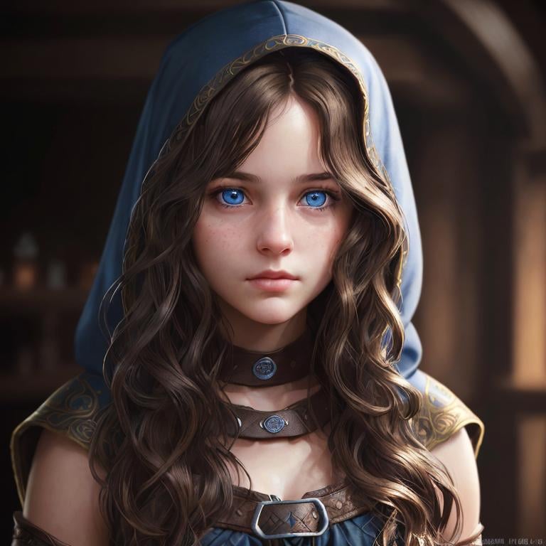 Prompt: Portrait of a girl with wavy brown hair and with cute face, dark tavern background, perfect composition, hyperrealistic, super detailed, 8k, high quality, trending art, sharp focus, intricate details, highly detailed, blue eyes, wearing a plain black hood, rogue