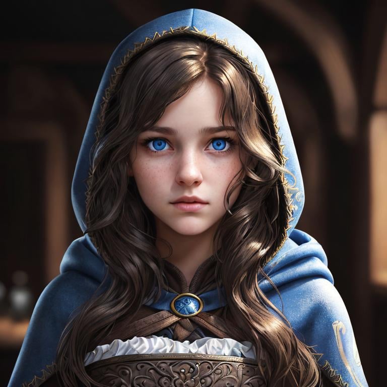 Prompt: Portrait of a girl with wavy brown hair and with cute face, dark tavern background, perfect composition, hyperrealistic, super detailed, 8k, high quality, trending art, sharp focus, intricate details, highly detailed, blue eyes, wearing a plain black hood, rogue