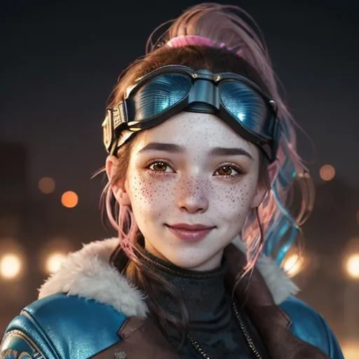 Prompt: Portrait of woman with blue wavy hair and with cute face, dark fantasy city background, perfect composition, hyperrealistic, super detailed, 8k, high quality, trending art, trending on artstation, sharp focus, studio photo, highly detailed, eyes brown, freckles, smile, pink coat, aviator goggles headband, ponytail