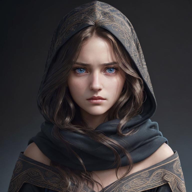 Prompt: Portrait of girl with long wavy brown hair and with elegant face, dark background, perfect composition, hyperrealistic, super detailed, 8k, high quality, trending art, sharp focus, intricate details, highly detailed, blue eyes, wearing a black hood, scarves, glaring angrily